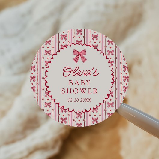 Little Sweetheart Pink Red Bow Baby Shower ラウンドシール