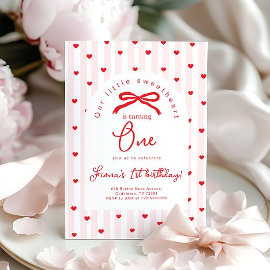 Little Sweetheart Pink Red Bow First Birthday 招待状