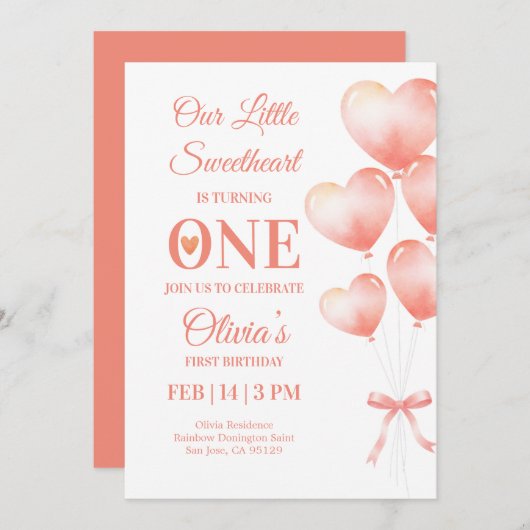 Little Sweetheart Turns One Baby Girl Invitation 招待状 (正面/裏面)