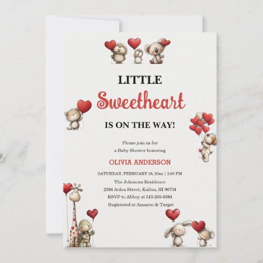 Little Sweetheart Valentine animals Baby Shower バレ 招待状 (正面)