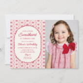Little Sweetheart Valentine Bow 1st Birthday Photo 招待状 (正面)