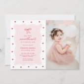 Little Sweetheart Valentine Bow 1st Birthday Photo 招待状 (正面)