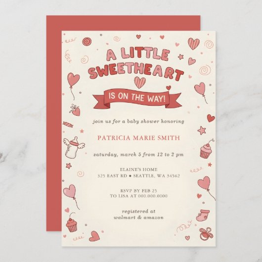 Little Sweetheart Valentines Baby Shower 招待状 (正面/裏面)
