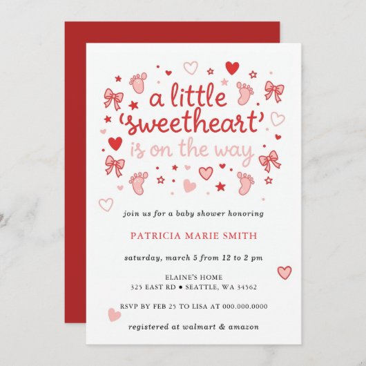 Little Sweetheart Valentines Bow Baby Shower 招待状 (正面/裏面)