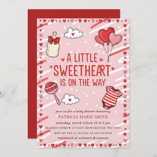 Little Sweetheart Valentines Bow Baby Shower 招待状 (正面/裏面)