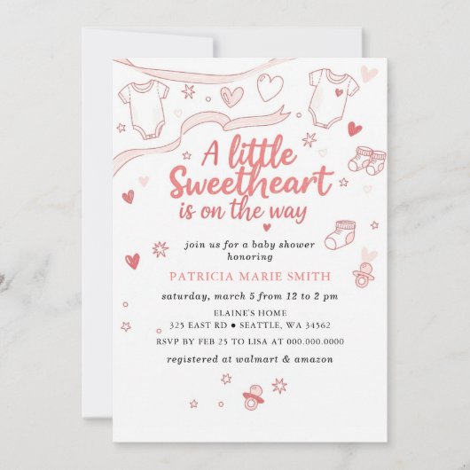 Little Sweetheart Valentines Bow Baby Shower 招待状 (正面)