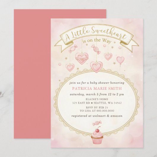 Little Sweetheart Valentines Girl Baby Shower 招待状 (正面/裏面)