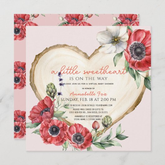 Little Sweetheart Wood Sliceバーチャル赤ちゃんシャワー 招待状 (正面/裏面)