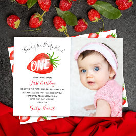 Little Sweetie Strawberry 1st Birthday Photo サンキューカード