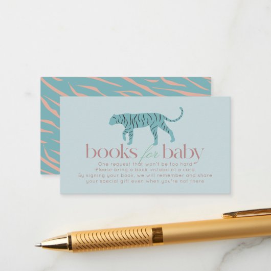 Little Tiger Modern Blue Baby Shower Book Request エンクロージャーカード (正面/裏面インサイチュ)