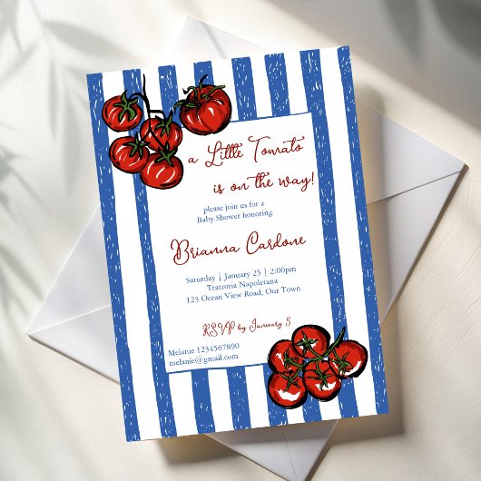 Little tomato blue stripes Italian baby shower 招待状