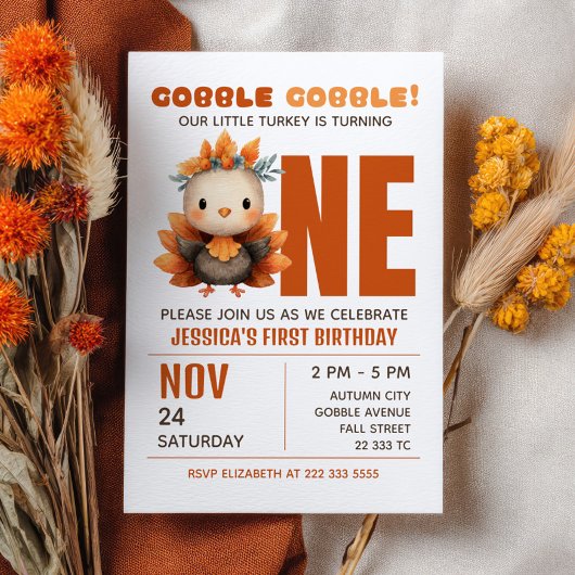 Little Turkey Gobble Thanksgiving 1st Birthday 招待状
