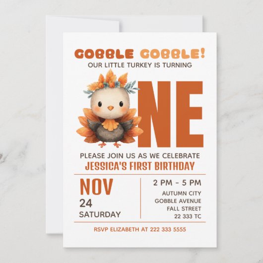 Little Turkey Gobble Thanksgiving 1st Birthday 招待状 (正面)