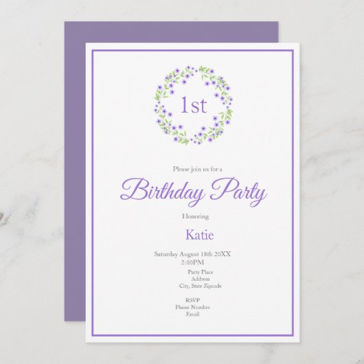 Little Violet Water Color Blomsリース 招待状 (正面/裏面)