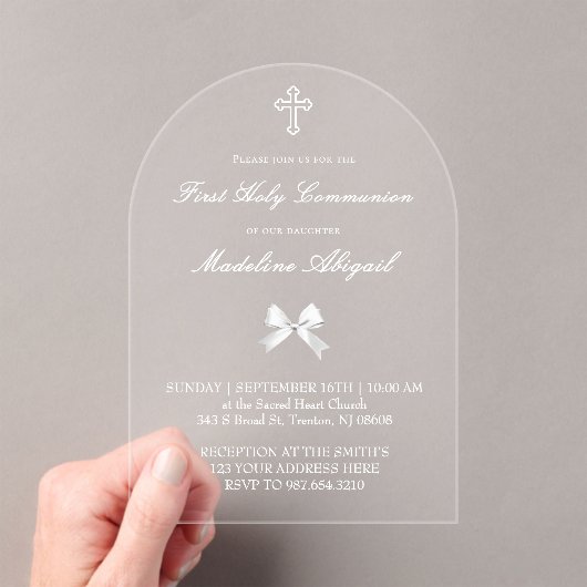 little white bow First Holy Communion アクリル招待状 (インサイチュ (ポータブル))