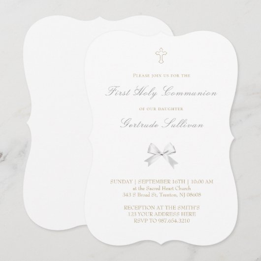 little white bow First Holy Communion 招待状 (正面/裏面)