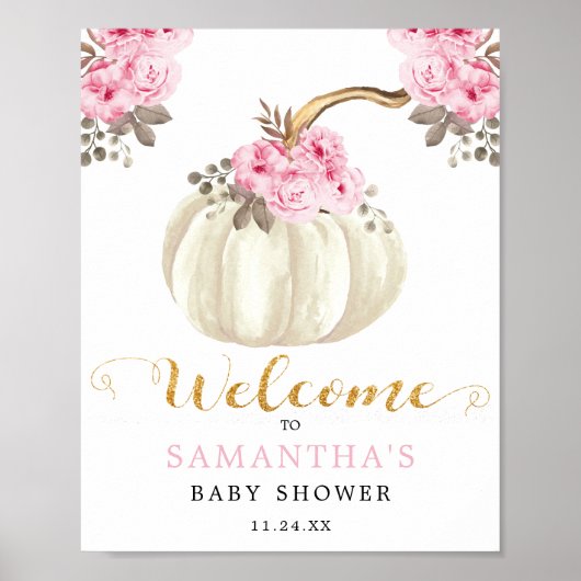 Little White Pumpkin Pink Floral Baby Shower ポスター (正面)