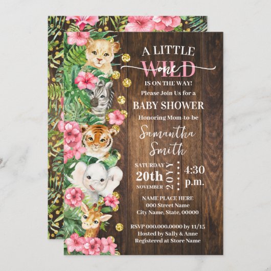 Little Wild One Rustic Safari Pink Baby Shower 招待状 (正面/裏面)