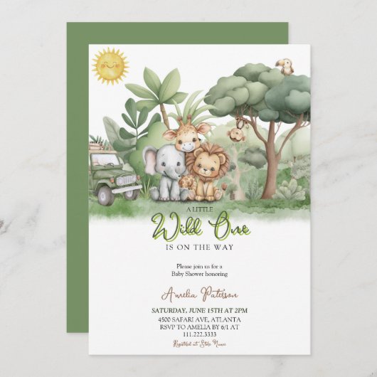Little Wild One Safari Animals Watercolor 招待状 (正面/裏面)