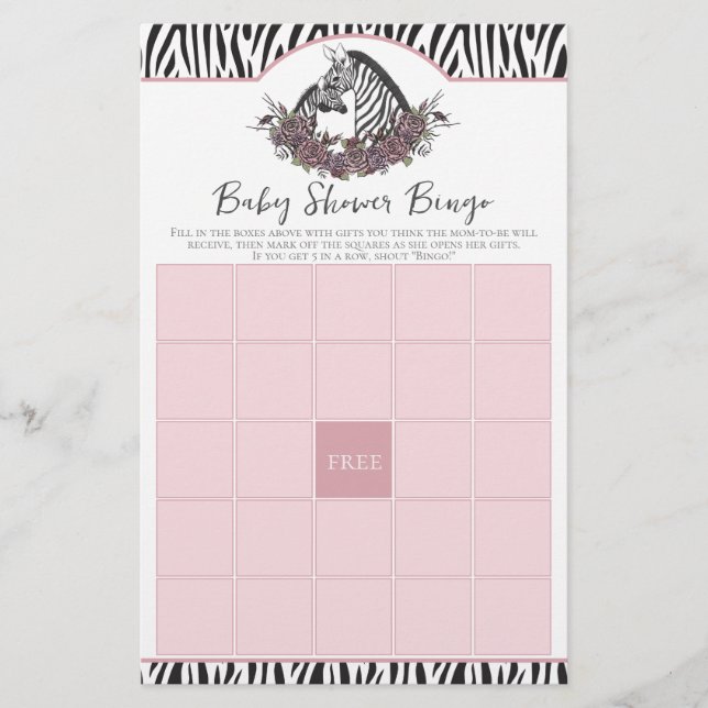 Little Wild One Zebra Safari Baby Shower Bingo (正面)