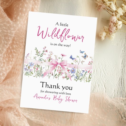 Little Wildflower Floral Girl Pink Bow Baby Shower サンキューカード
