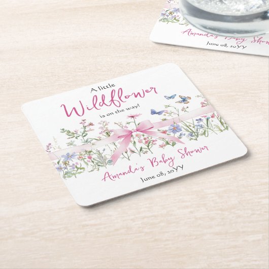 Little Wildflower Floral Pink Bow Girl Baby Shower スクエアペーパーコースター (アングル)