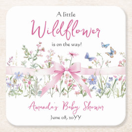 Little Wildflower Floral Pink Bow Girl Baby Shower スクエアペーパーコースター