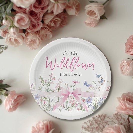 Little Wildflower Floral Pink Bow Girl Baby Shower ペーパープレート