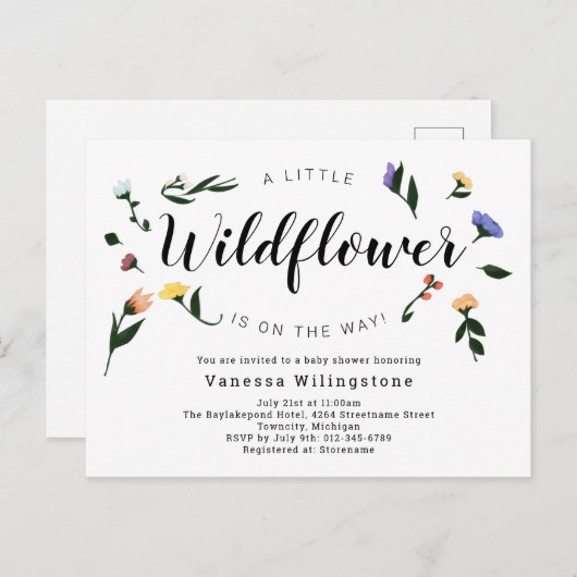 Little Wildflower on the Wayフローラ赤ちゃんシャワー インビテーションポストカード (正面/裏面)