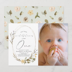 Little Wildflower Oval Girl 1st Birthday写真 招待状