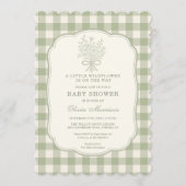 Little Wildflower Sage Green Gingham Baby Shower 招待状 (正面)
