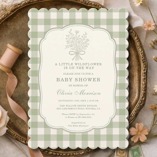 Little Wildflower Sage Green Gingham Baby Shower 招待状