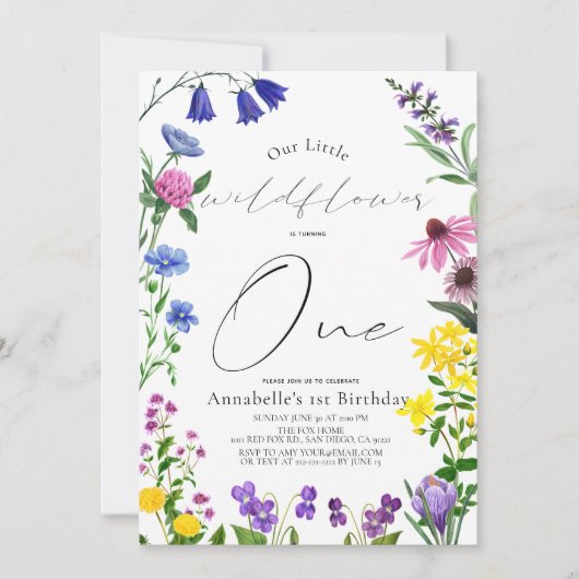 Little Wildflower Script 1st Birthday 招待状 (正面)