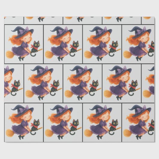 Little Witch Cat Flying Halloween Girl Baby Shower ラッピングペーパー (フラット)