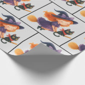Little Witch Cat Flying Halloween Girl Baby Shower ラッピングペーパー (角)