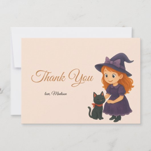 Little Witch & Cat Halloween Baby Shower サンキューカード (正面)