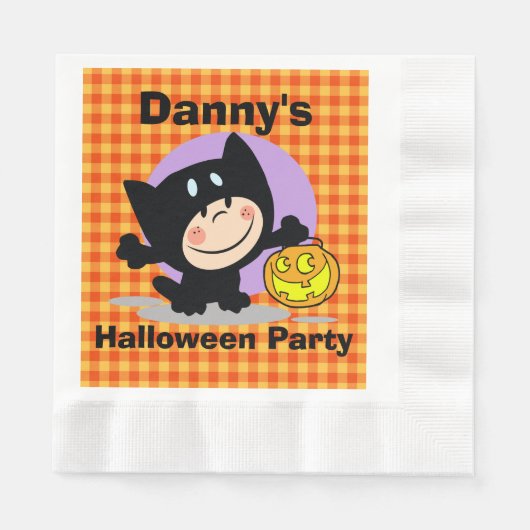 LittleBoyinCostume w/Pumpkin OrangeGingham Napkins 縁ありランチョンナプキン (正面)