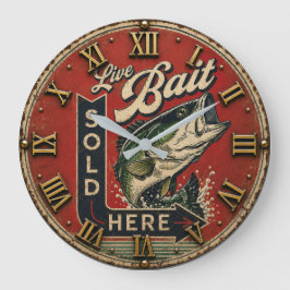 Live Bait Rustic Fishing Vintage Bass Fisherman ラージ壁時計