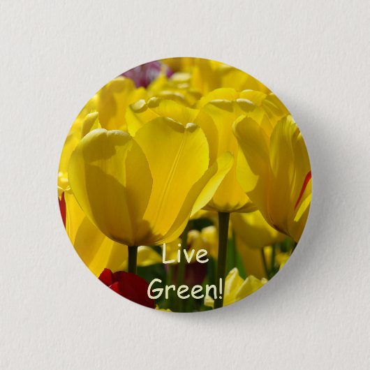 Live Green!ボタン 黄色いチューリップの花ボタン 缶バッジ (正面)