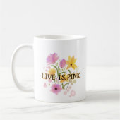 "LIVE IS PINK" is written in a dark コーヒーマグカップ (左)