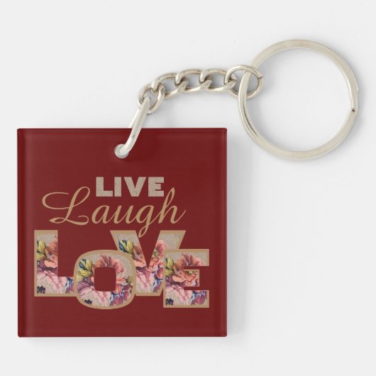 Live, Laugh, Love Rustic Floral on Burgundy キーホルダー (裏面)