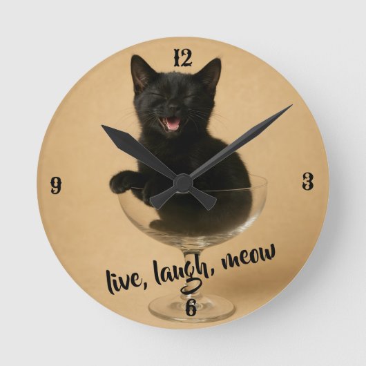Live laugh meow - 面白いネコ ラウンド壁時計 (正面)