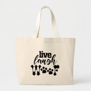 LIVE LAUGH WOOF 面白い犬のお父さん ペット 子犬 お母さん キッズ ラージトートバッグ