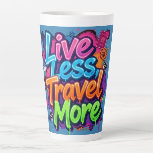 Live Less Travel More ネオン・グラフィティ 旅行の名言 カフェラテマグ (正面)
