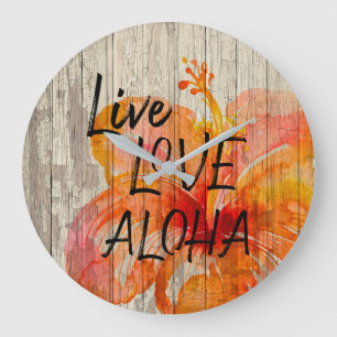 Live Love Aloha Hibiscus Beach Sign ラージ壁時計
