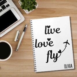 Live Love Fly タイポグラフィーとハート、飛行機の飛行 ノートブック