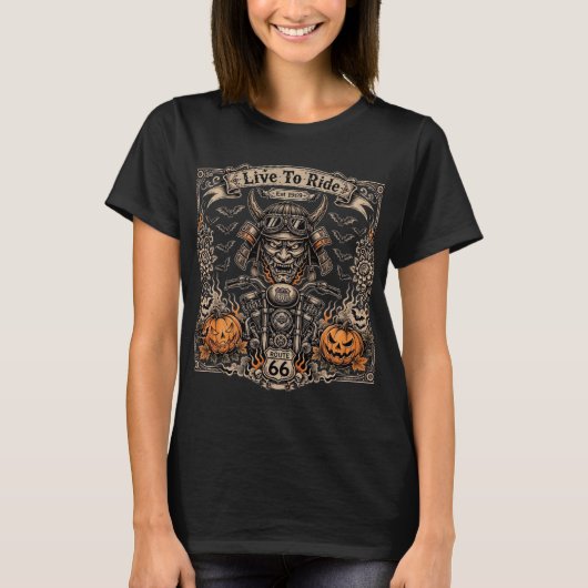 Live To Ride ハロウィン - サムライ鬼バイカー Est 1969 Tシャツ (正面)
