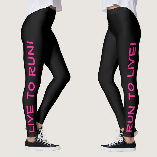Live to Run! Run to Live! ブラック&蛍光ピンク ランニング レギンス