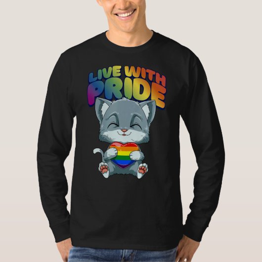 Live With Pride LGBTQ Heart  Cat Hugging LGBTQ Hea Tシャツ (正面)