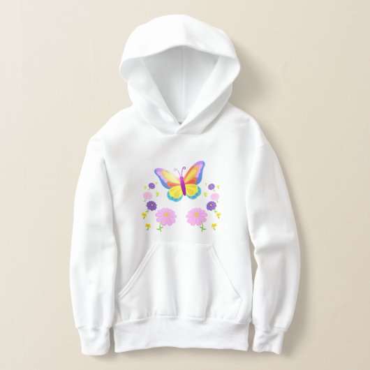 Lively Butterfly and Flowers Kids' Hoodie (レイダウン)
